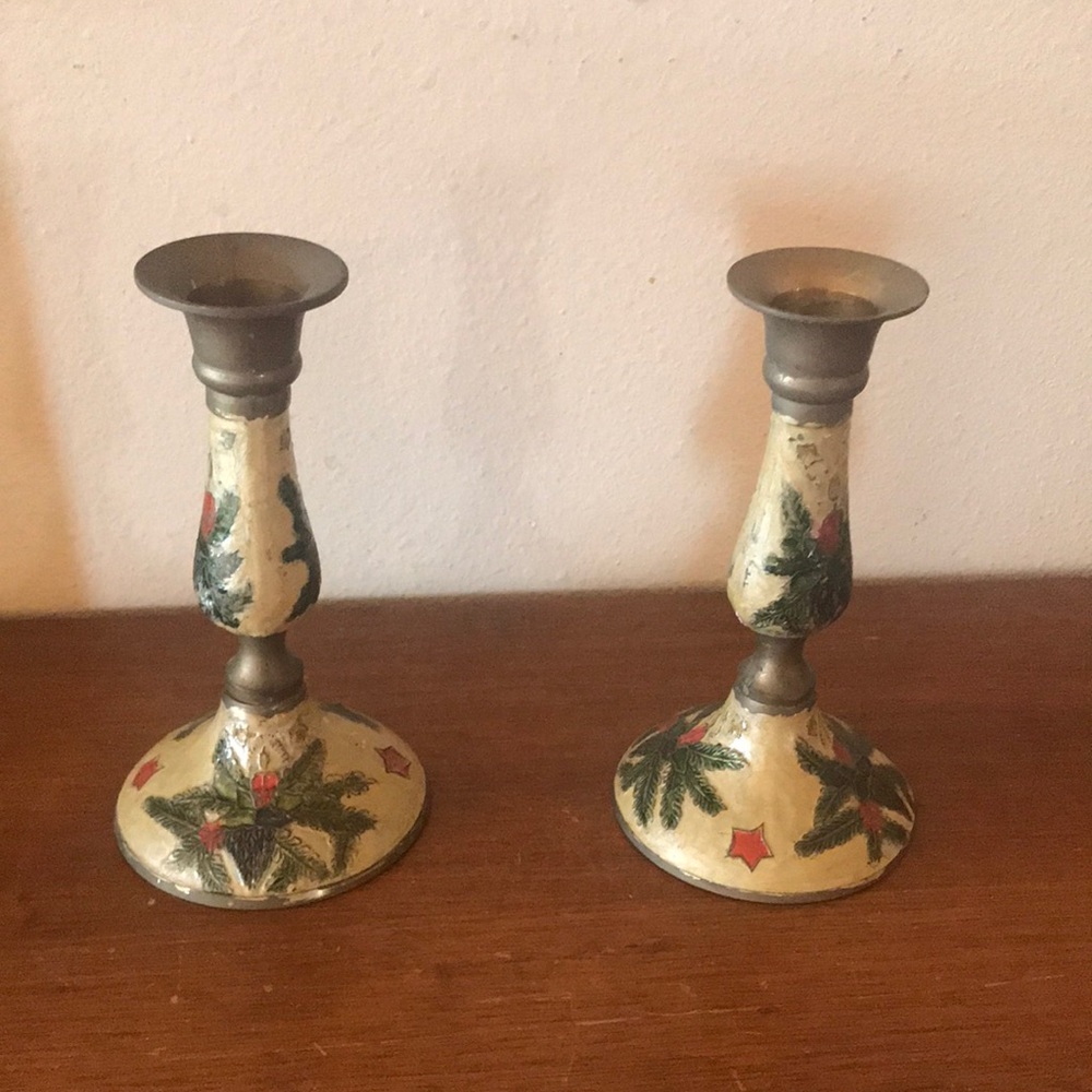 Christmas motif solid brass candle holder set of 2